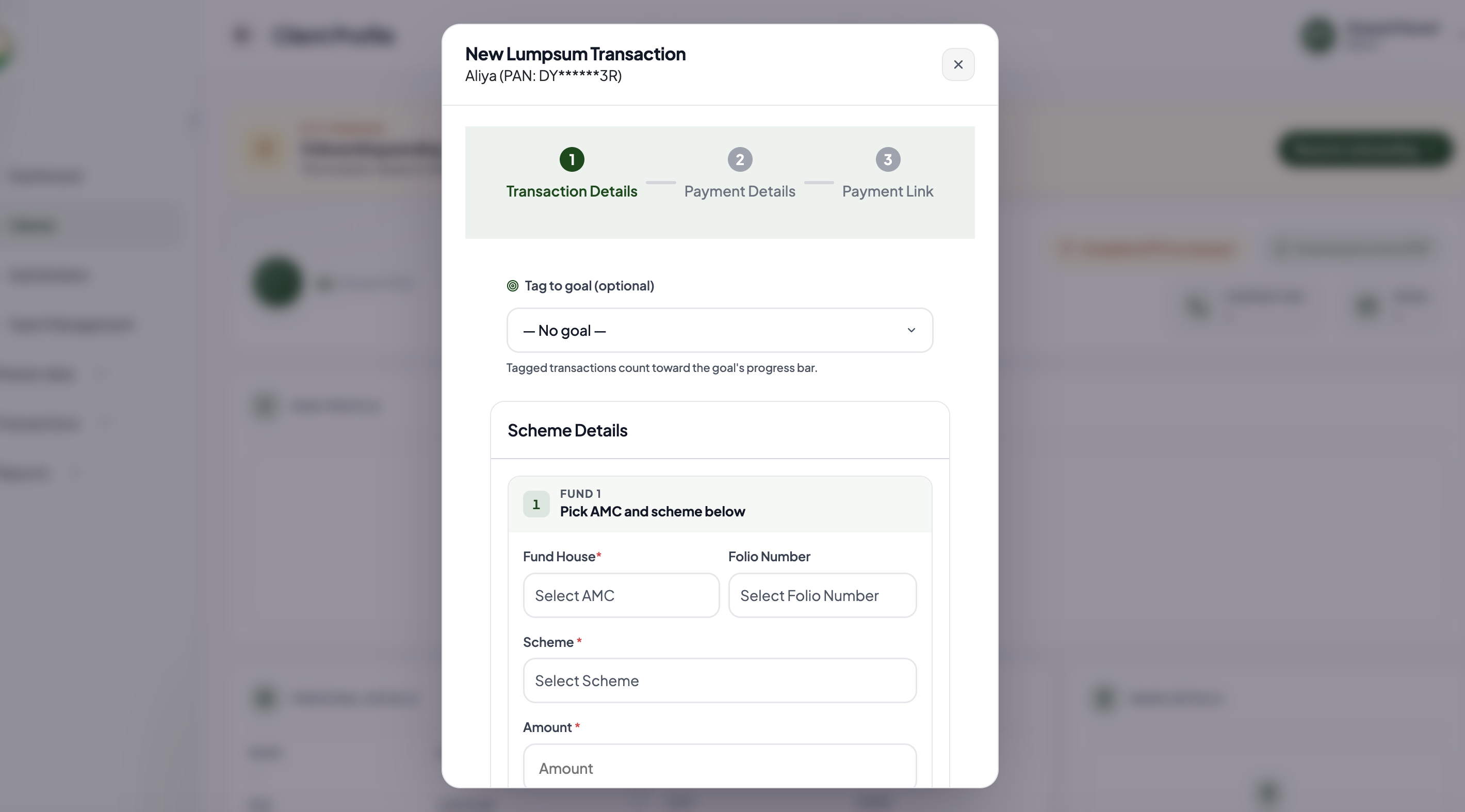 MaxWealth new lumpsum transaction with goal tagging and scheme selection