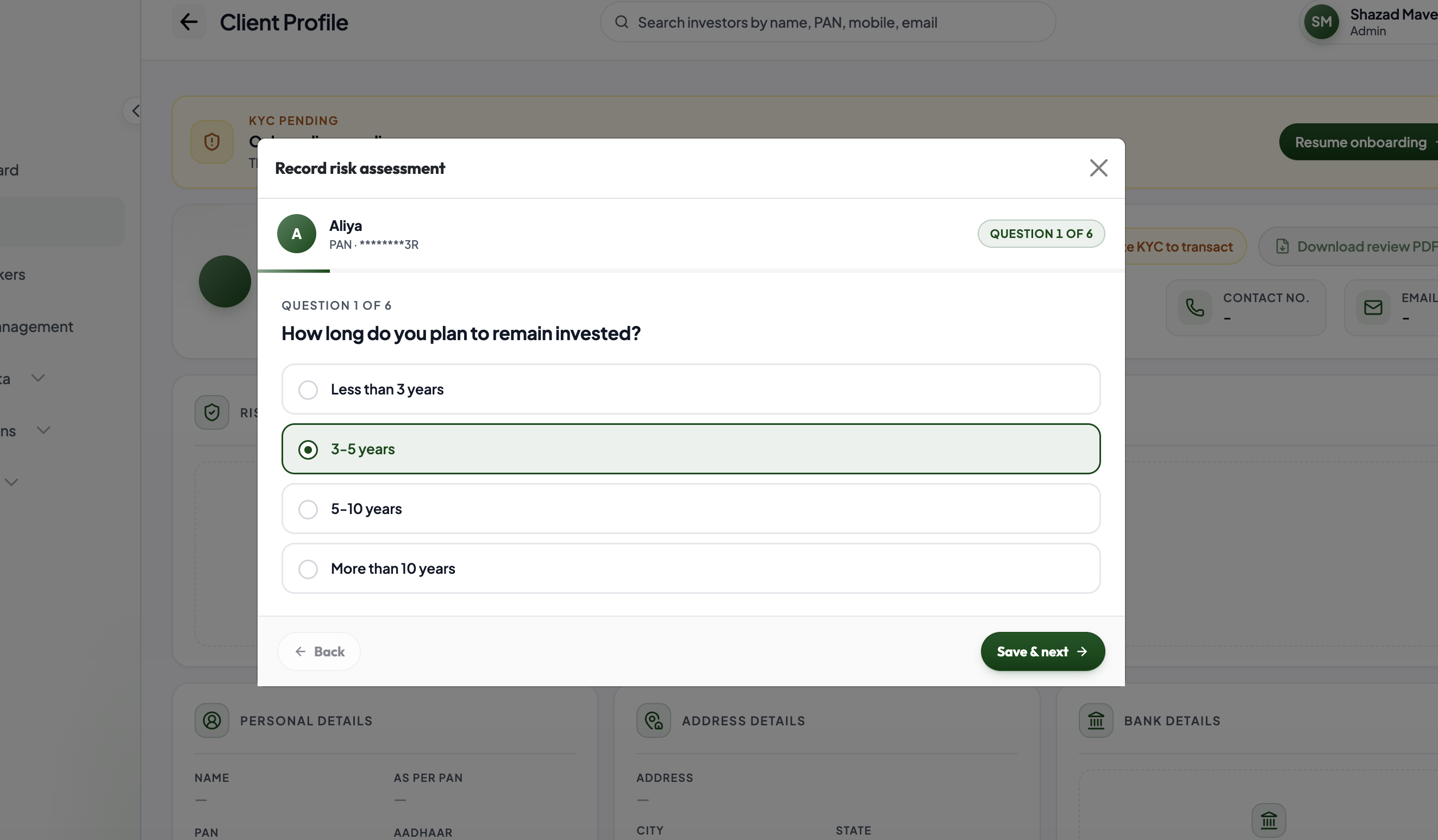 Recording a risk assessment in MaxWealth, question one of six